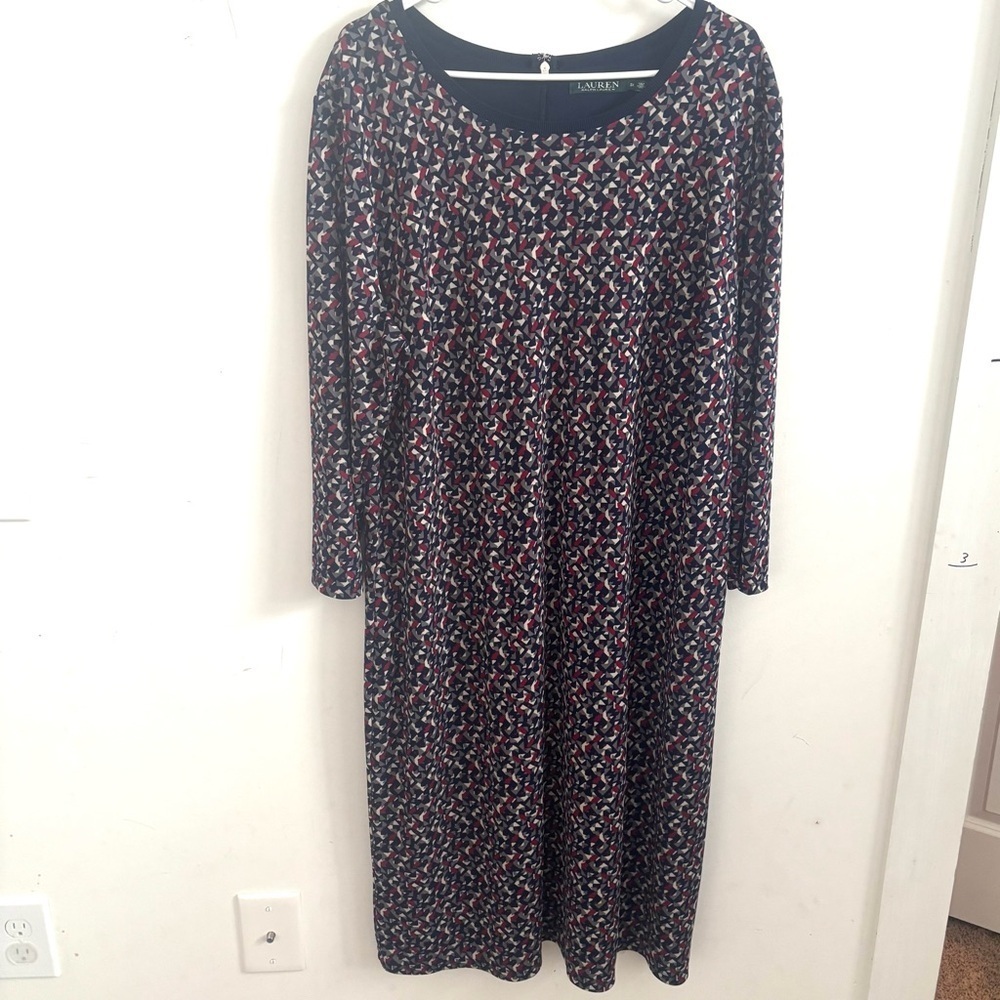 Lauren Ralph Lauren Navy Blue Abstract Geometric Long Sleeve Shift Jersey Dress